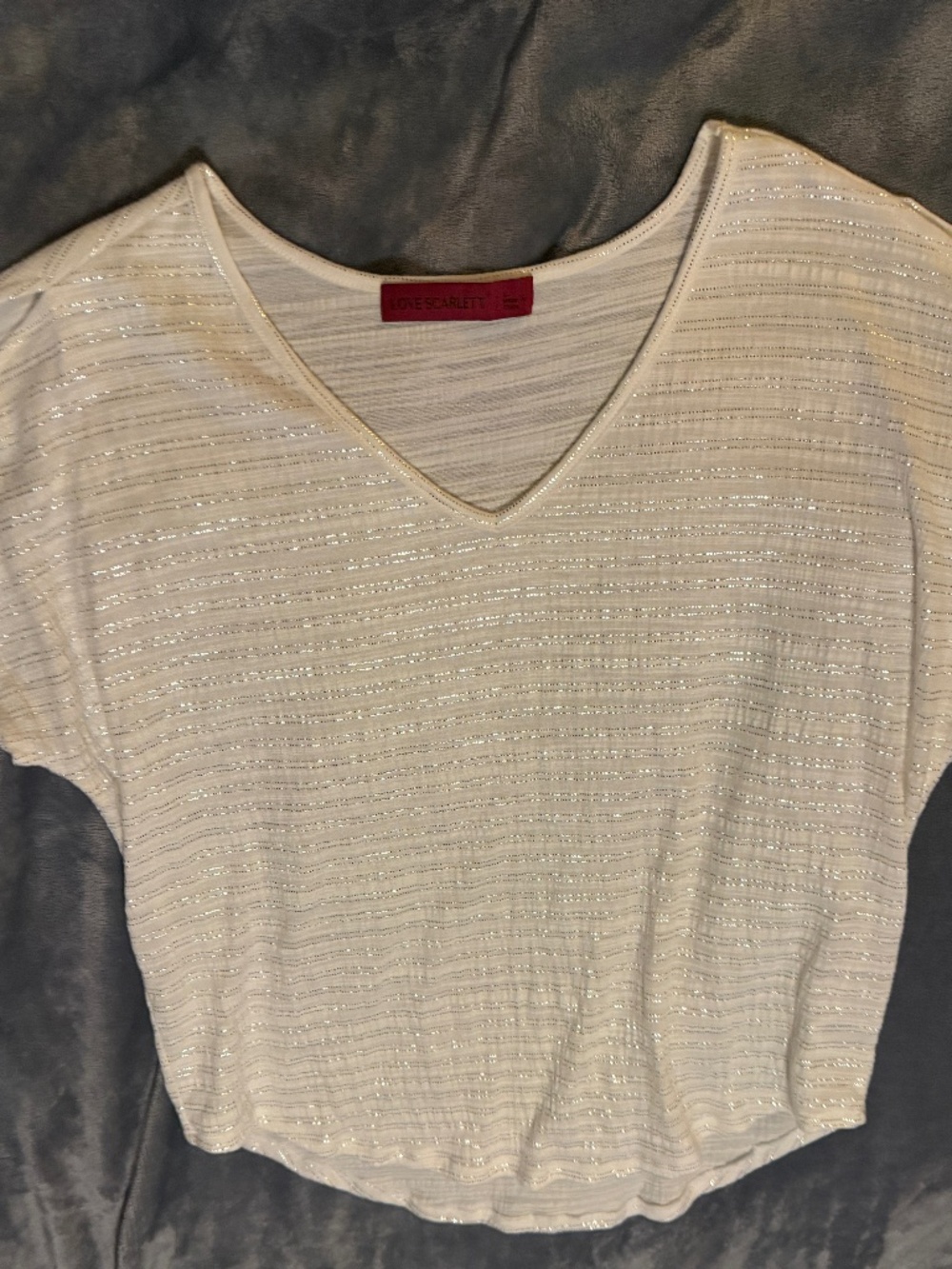 Love Scarlett Women's Cold Shoulder Metallic Stripe Tie Sleeve Top